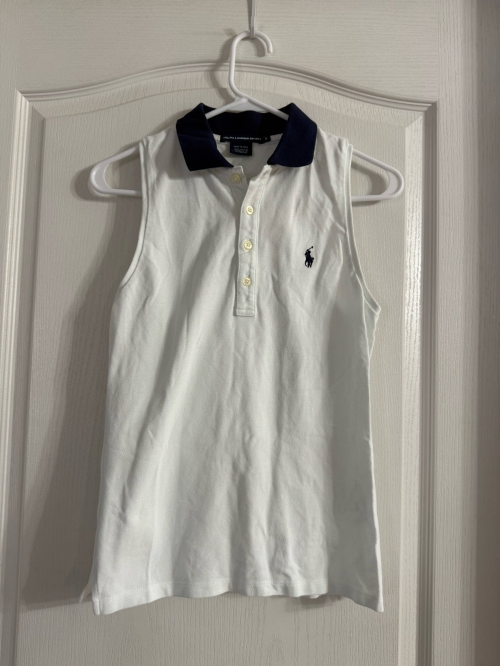Ralph Lauren White Sleeveless Polo with Navy Collar
